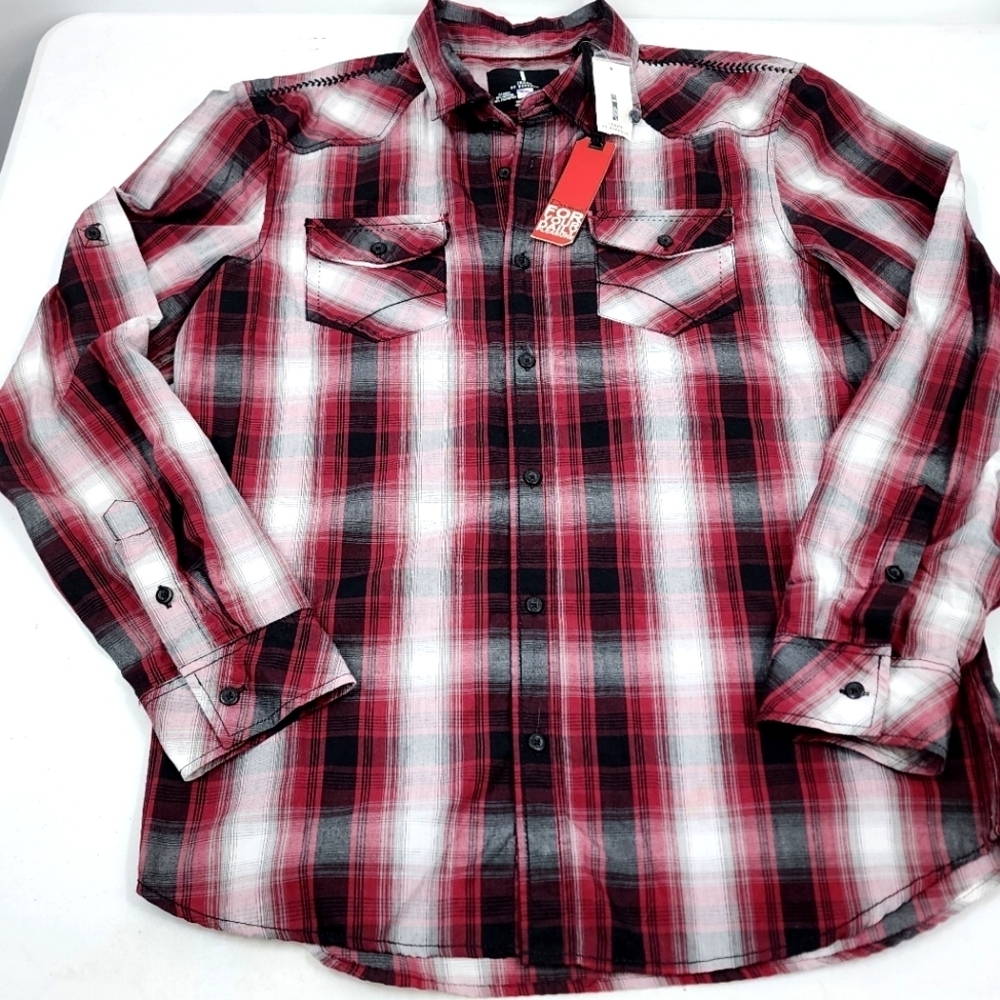 Buffalo David Bitton Makson Bordeaux Plaid Stitched Button Up Shirt M
